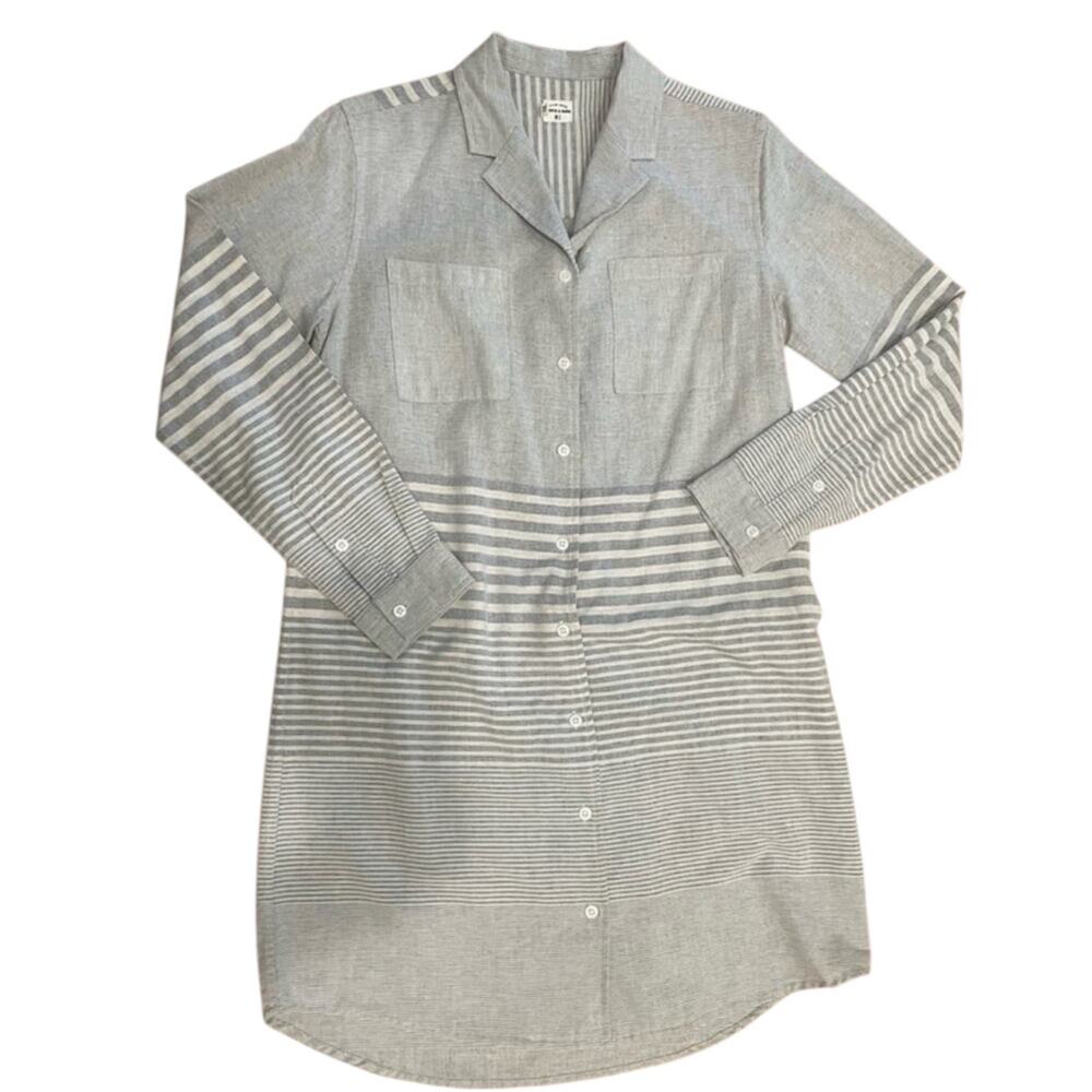 NWOT Bridge & Burn Khaki Blue Linen Cotton Blend Button Down Long Sleeve Dress S